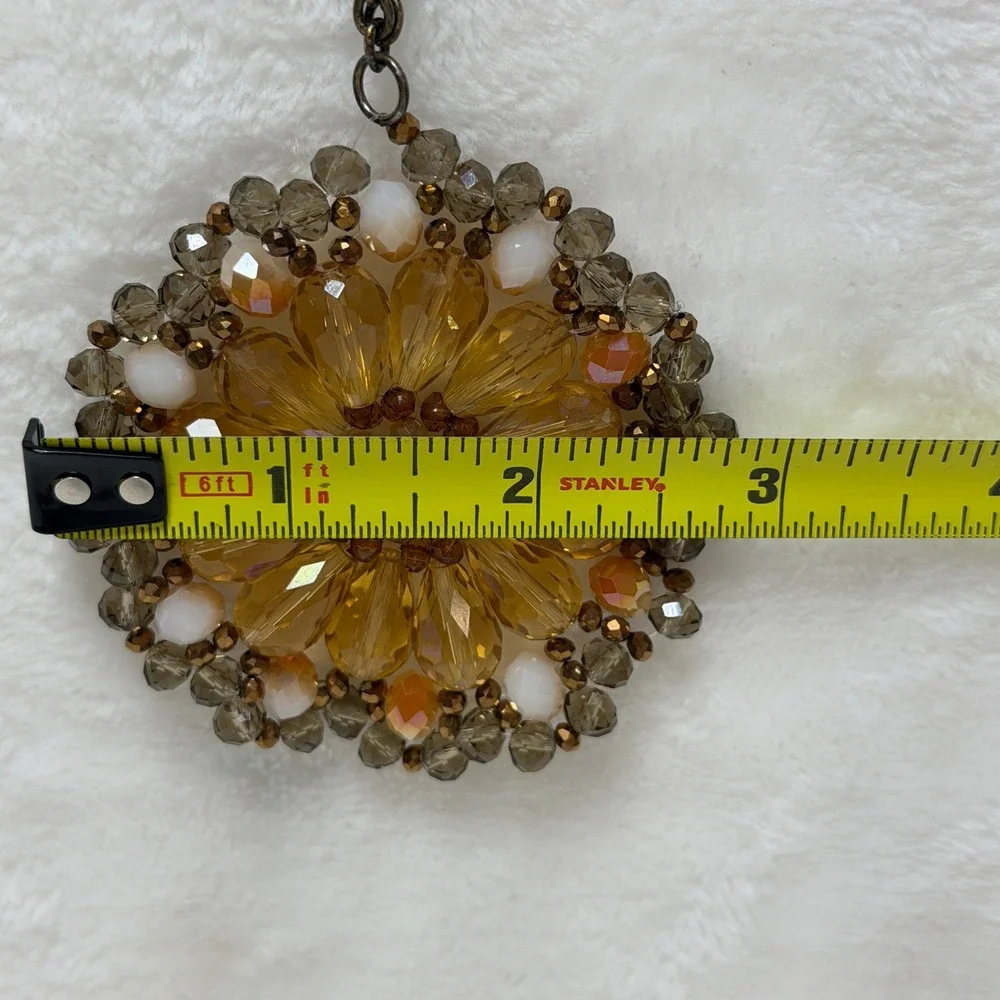 Amber Glass‎ Bead Sunburst Pendant Necklace Bronze Tone Long Boho Statement